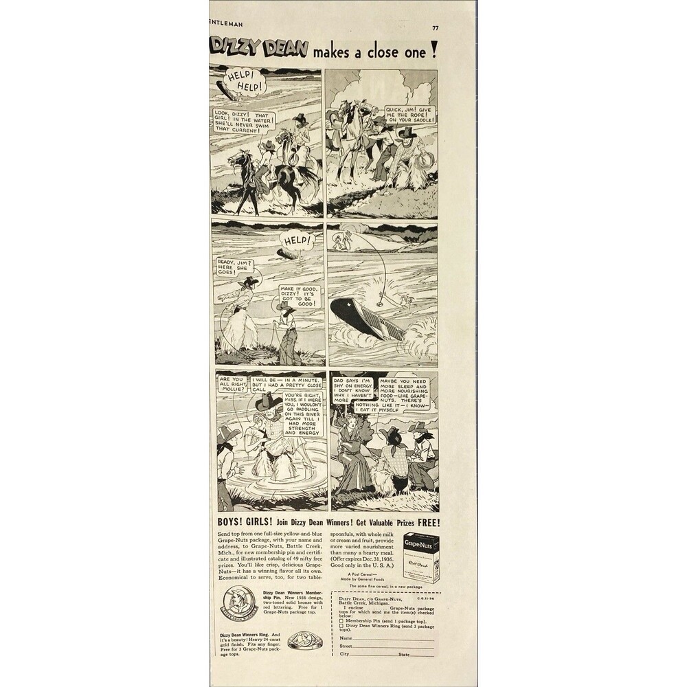 Grape Nuts Cereal "Dizzy Dean makes a close one!" Animated Vintage Print Ad 1936